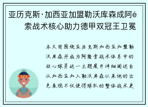 亚历克斯·加西亚加盟勒沃库森成阿隆索战术核心助力德甲双冠王卫冕