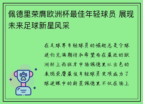 佩德里荣膺欧洲杯最佳年轻球员 展现未来足球新星风采